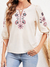 Floral Embroidery Notched Neck Knot Cuff Blouse